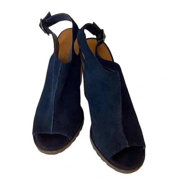 Lord & Taylor 424 Fifth Leather Deanna Navy Slingback Heels Mules Size 8 - Picture 3 of 13